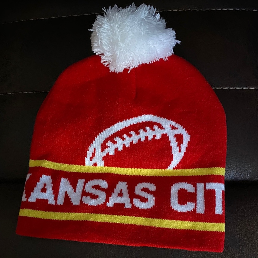 Kansas City Kids Red Pom Beanie with Football Motif